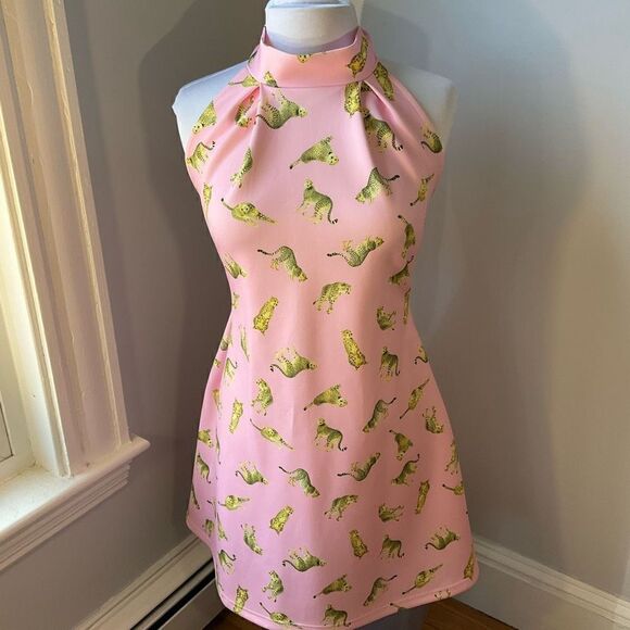 Asos Trapeze Halter Cheetah Dress! Backless! Bubblegum Pink! Small - Picture 2 of 9